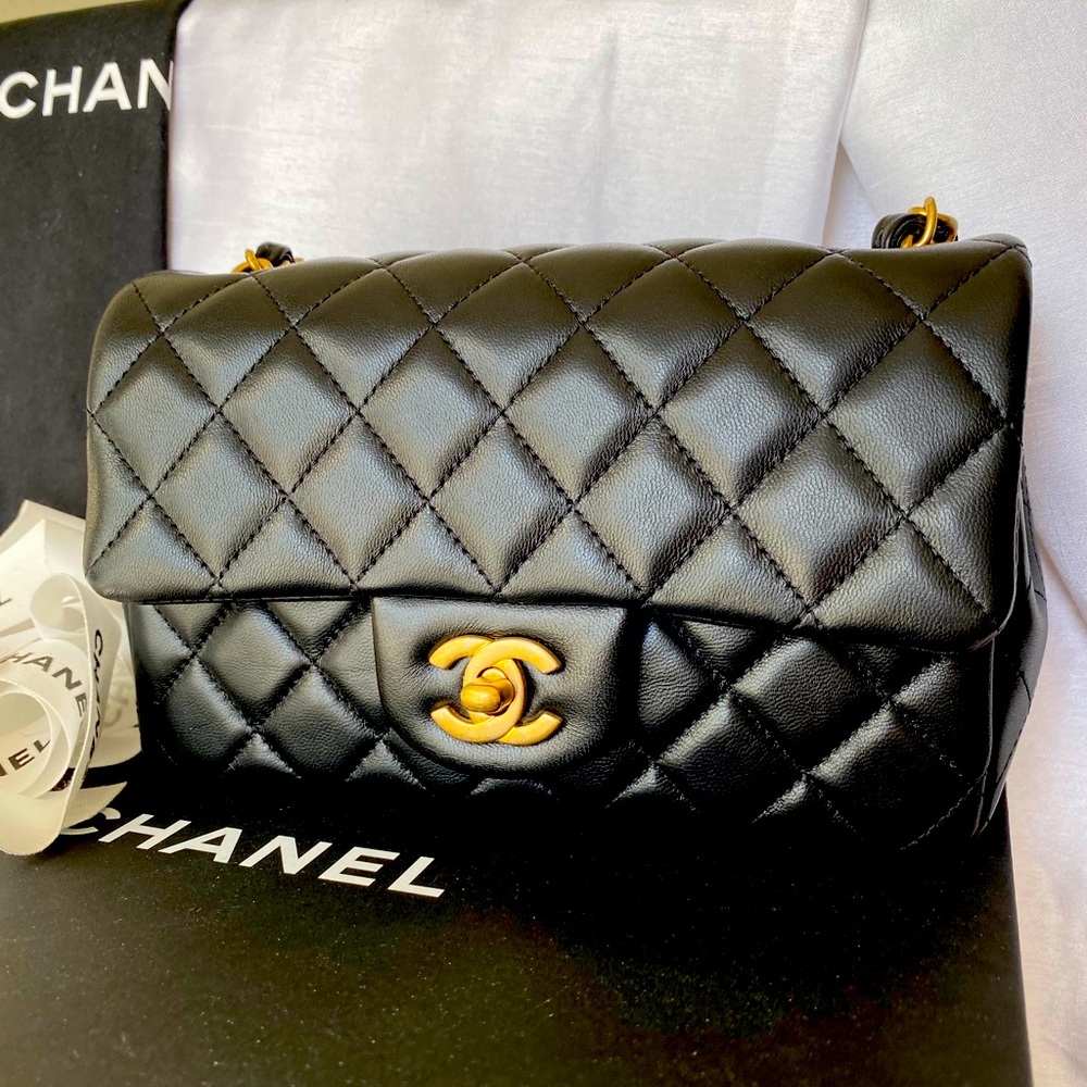 ✨CHANEL🦄✨mini rectang lambskin black antique gold